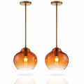 Pair of kitchen pendant lights with orange bulb shades